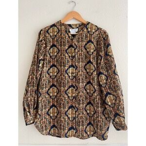 TESS Vintage Button Up Top Printed Sz. M Oversized Boho Casual Feminine Artsy